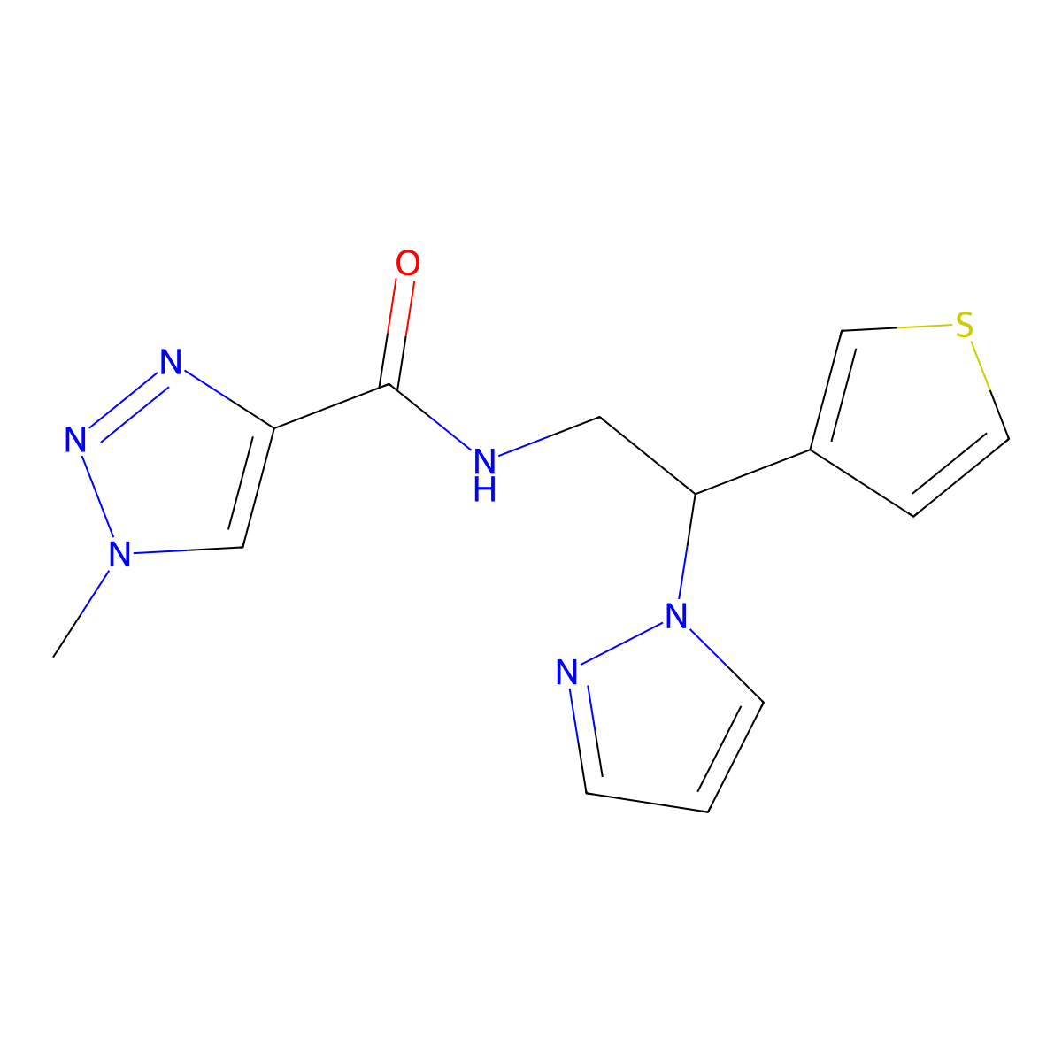 N-(2-(1H-pyrazol-1-yl)-2-(thiophen-3-yl)ethyl)-1-methyl-1H-1,2,3-triazole-4-carboxamide molecular structure, CAS 2034569-38-3
