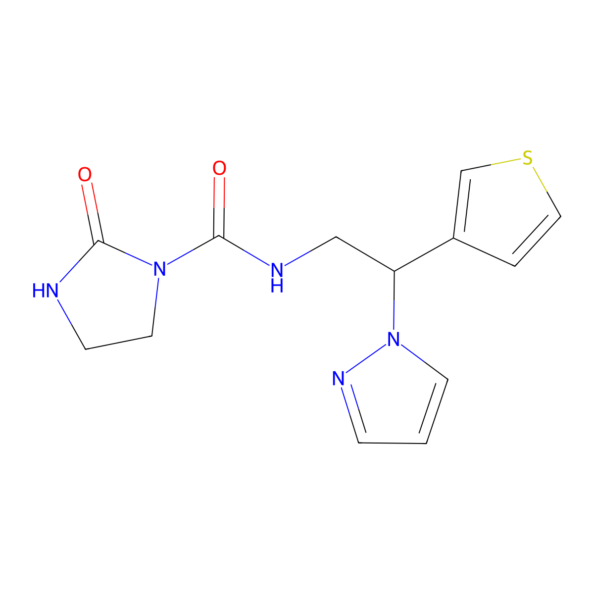 N-(2-(1H-pyrazol-1-yl)-2-(thiophen-3-yl)ethyl)-2-oxoimidazolidine-1-carboxamide molecular structure, CAS 2034569-47-4