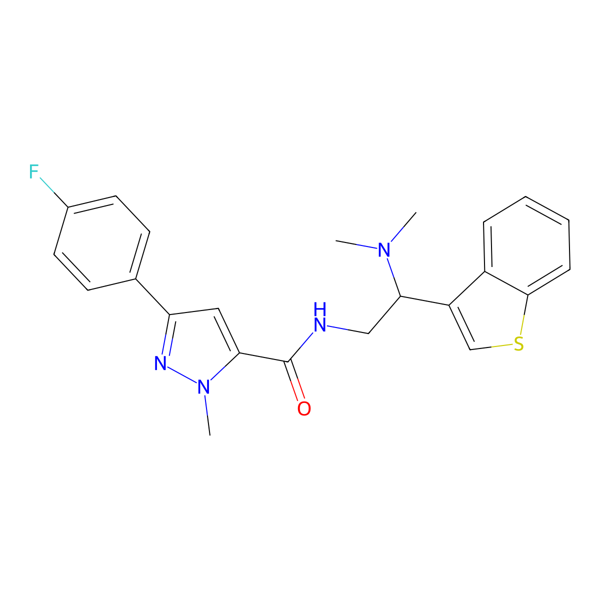 N-(2-(benzo[b]thiophen-3-yl)-2-(dimethylamino)ethyl)-3-(4-fluorophenyl)-1-methyl-1H-pyrazole-5-carboxamide molecular structure, CAS 2034569-59-8