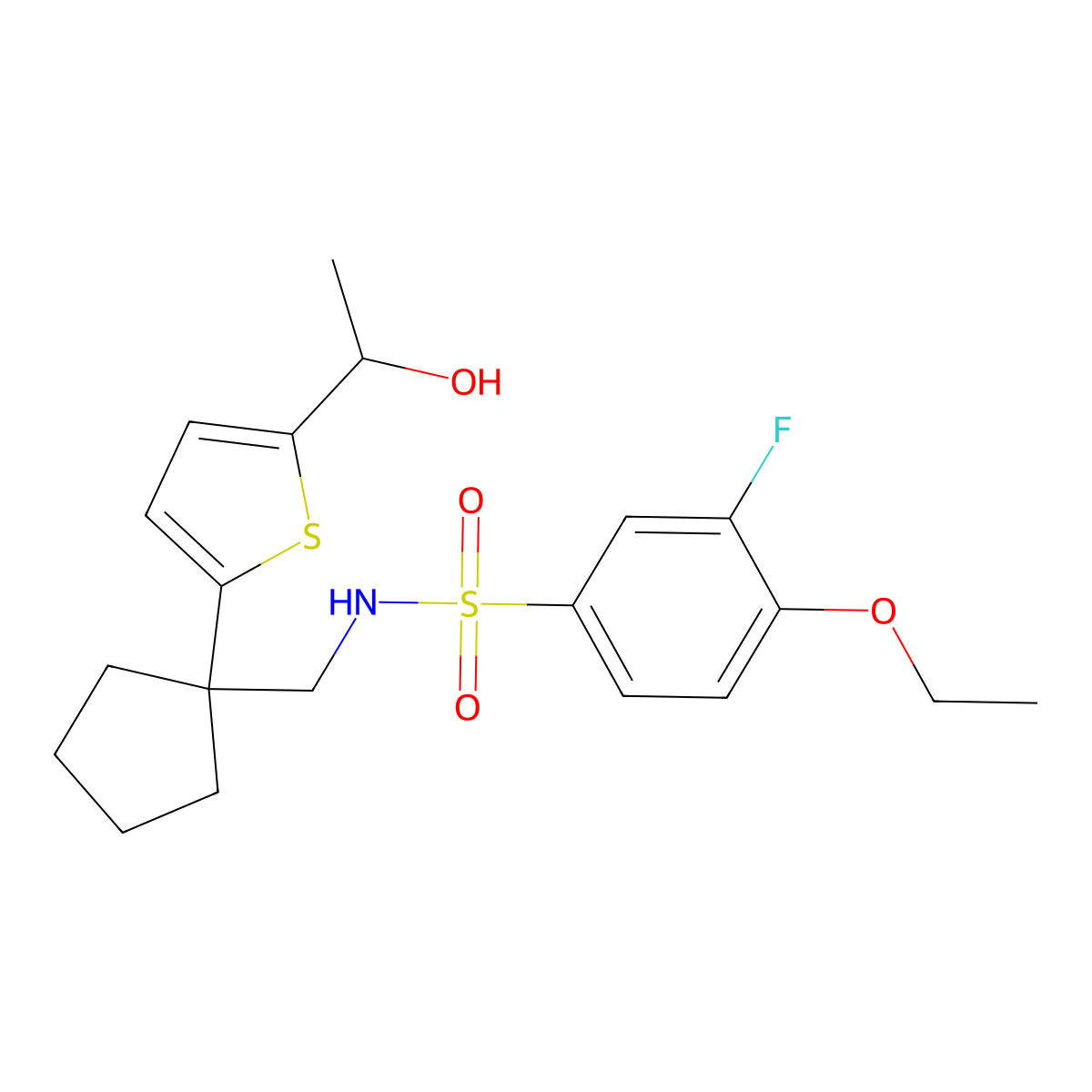 4-ethoxy-3-fluoro-N-((1-(5-(1-hydroxyethyl)thiophen-2-yl)cyclopentyl)methyl)benzenesulfonamide molecular structure, CAS 2034569-61-2