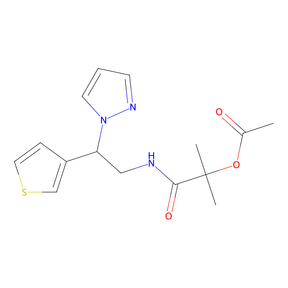 1-((2-(1H-pyrazol-1-yl)-2-(thiophen-3-yl)ethyl)amino)-2-methyl-1-oxopropan-2-yl acetate molecular structure, CAS 2034569-66-7