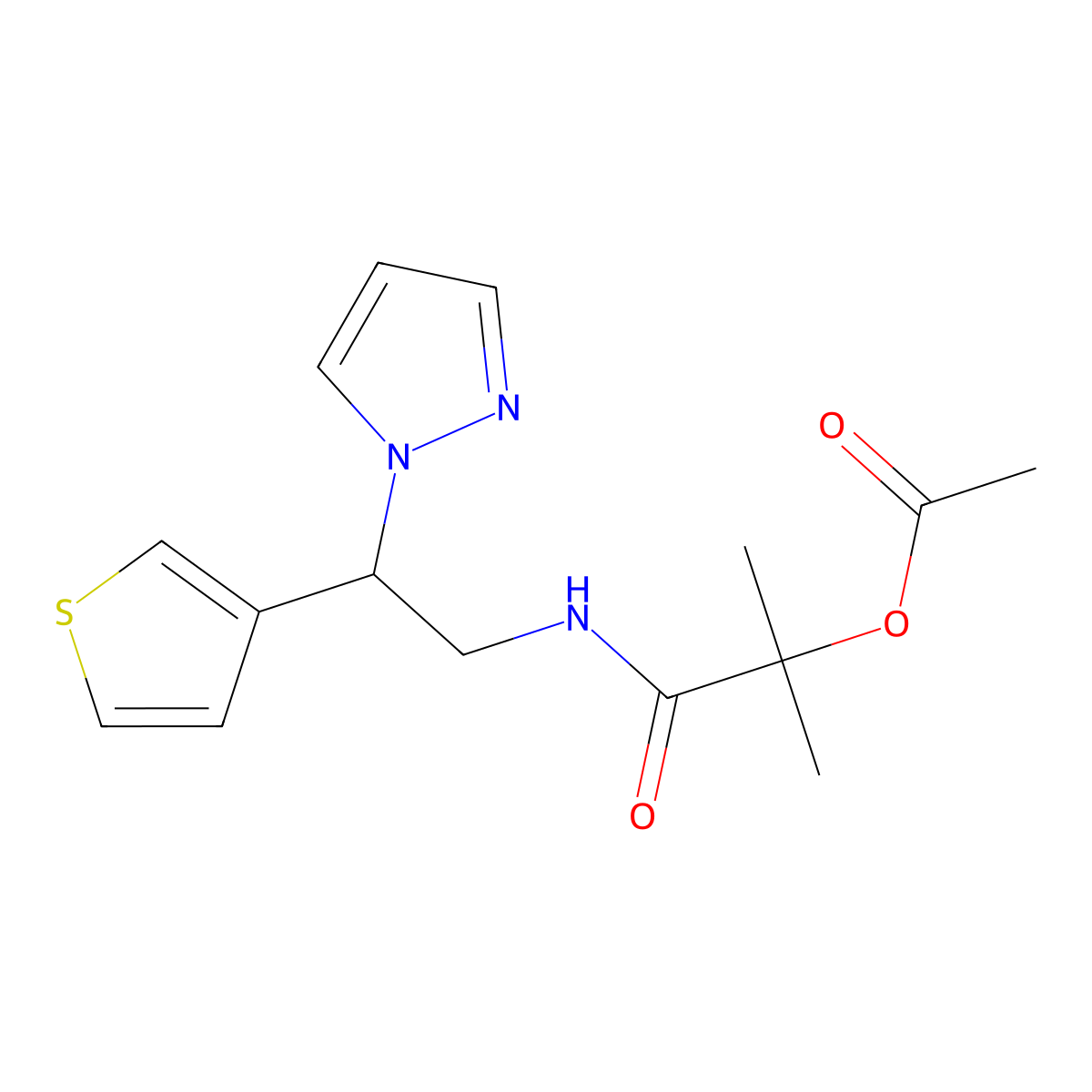 1-((2-(1H-pyrazol-1-yl)-2-(thiophen-3-yl)ethyl)amino)-2-methyl-1-oxopropan-2-yl acetate molecular structure, CAS 2034569-66-7
