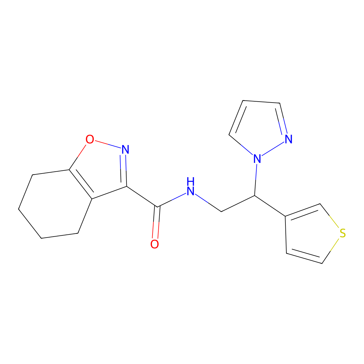 N-(2-(1H-pyrazol-1-yl)-2-(thiophen-3-yl)ethyl)-4,5,6,7-tetrahydrobenzo[d]isoxazole-3-carboxamide molecular structure, CAS 2034569-74-7