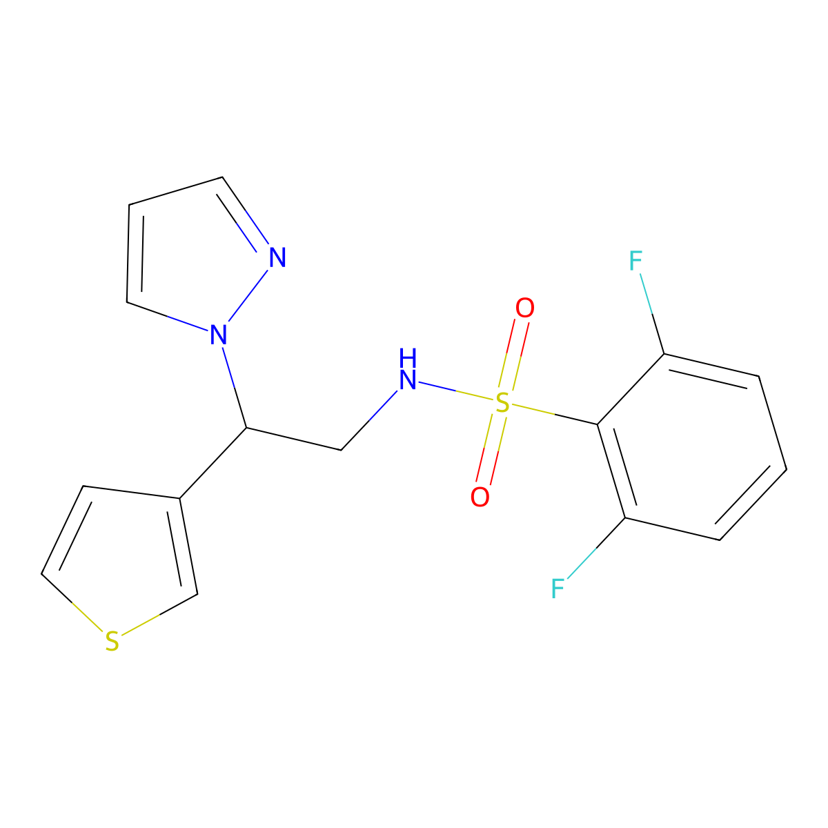 N-(2-(1H-pyrazol-1-yl)-2-(thiophen-3-yl)ethyl)-2,6-difluorobenzenesulfonamide molecular structure, CAS 2034569-82-7