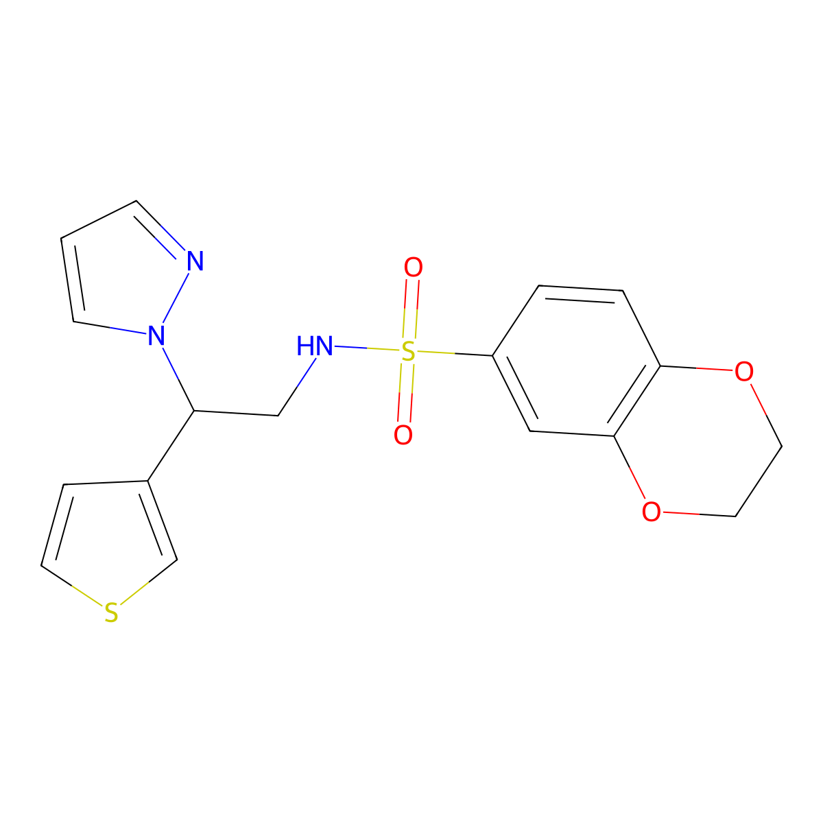 N-(2-(1H-pyrazol-1-yl)-2-(thiophen-3-yl)ethyl)-2,3-dihydrobenzo[b][1,4]dioxine-6-sulfonamide molecular structure, CAS 2034569-96-3