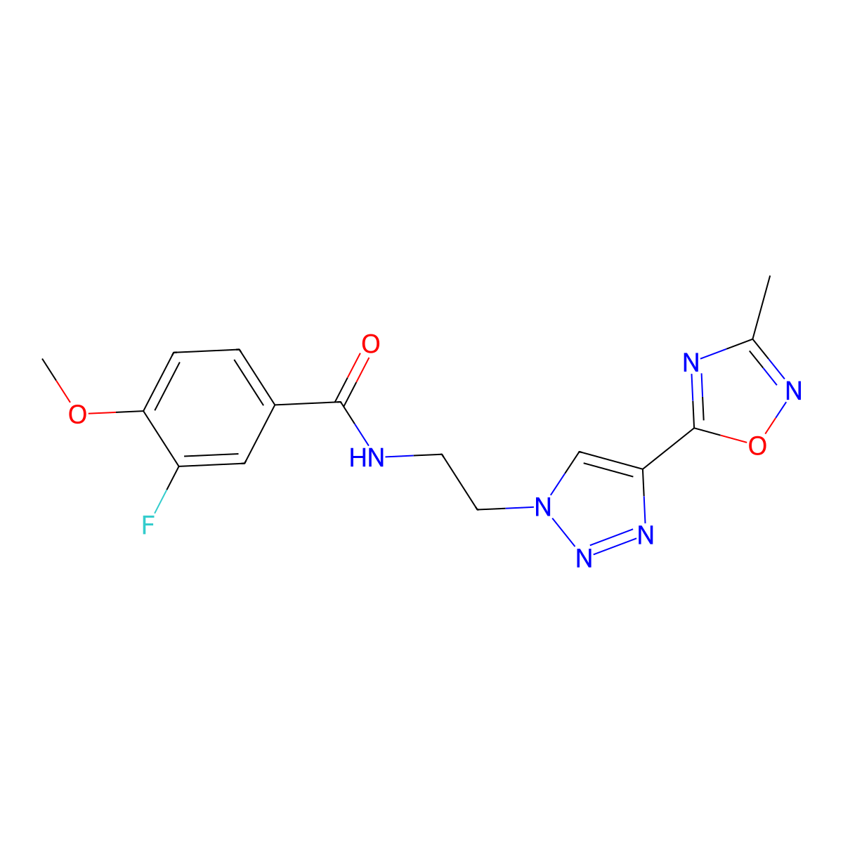 3-fluoro-4-methoxy-N-(2-(4-(3-methyl-1,2,4-oxadiazol-5-yl)-1H-1,2,3-triazol-1-yl)ethyl)benzamide molecular structure, CAS 2034570-01-7