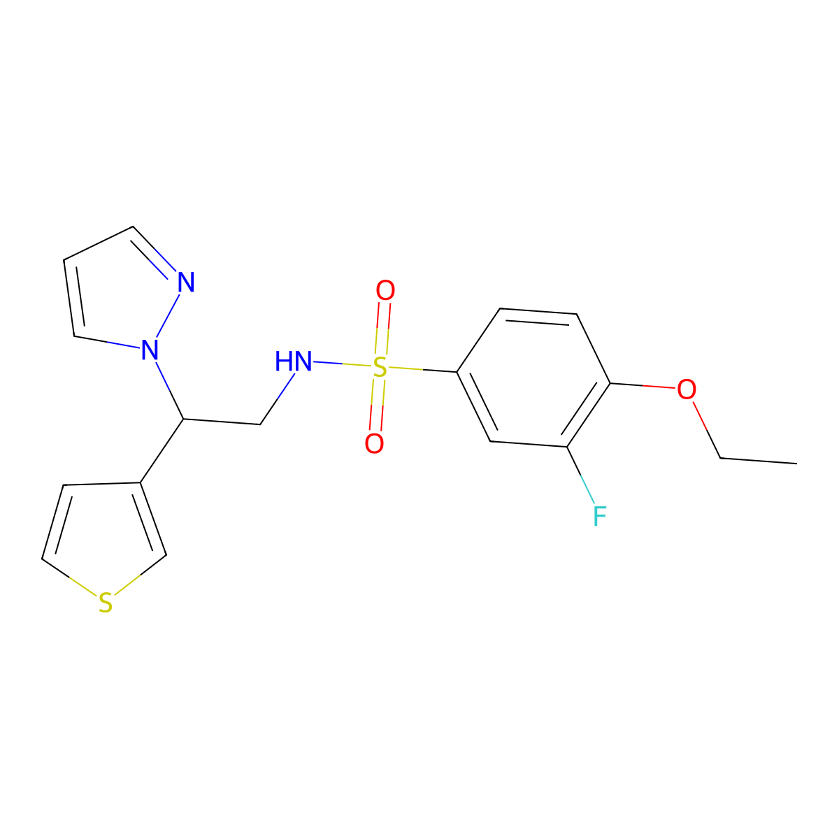 N-(2-(1H-pyrazol-1-yl)-2-(thiophen-3-yl)ethyl)-4-ethoxy-3-fluorobenzenesulfonamide molecular structure, CAS 2034570-05-1