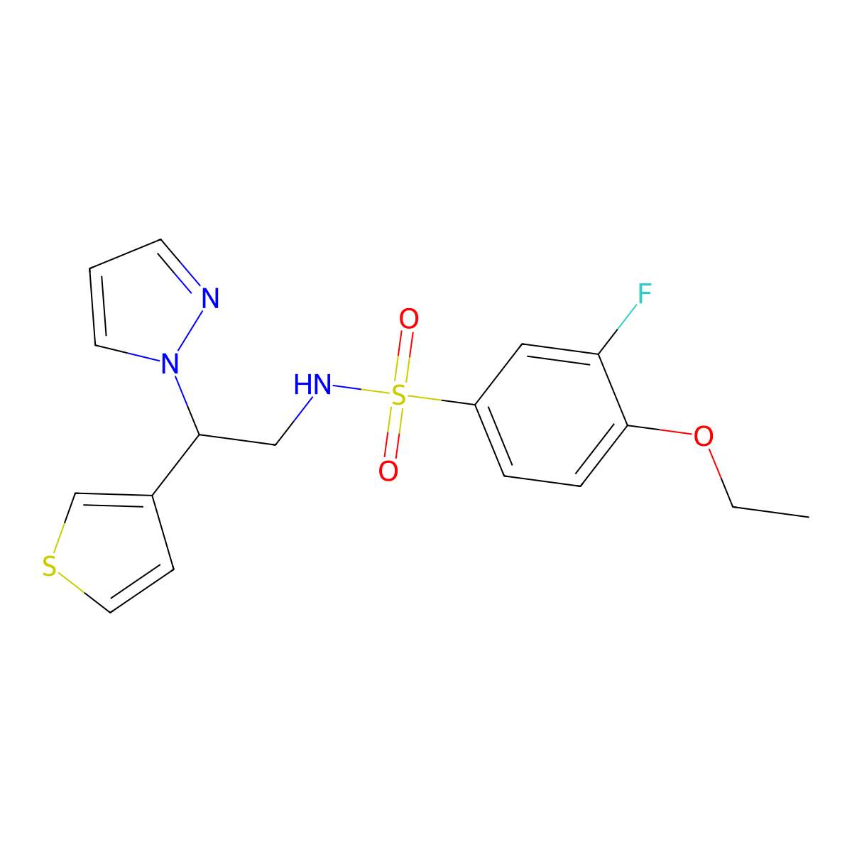 N-(2-(1H-pyrazol-1-yl)-2-(thiophen-3-yl)ethyl)-4-ethoxy-3-fluorobenzenesulfonamide molecular structure, CAS 2034570-05-1