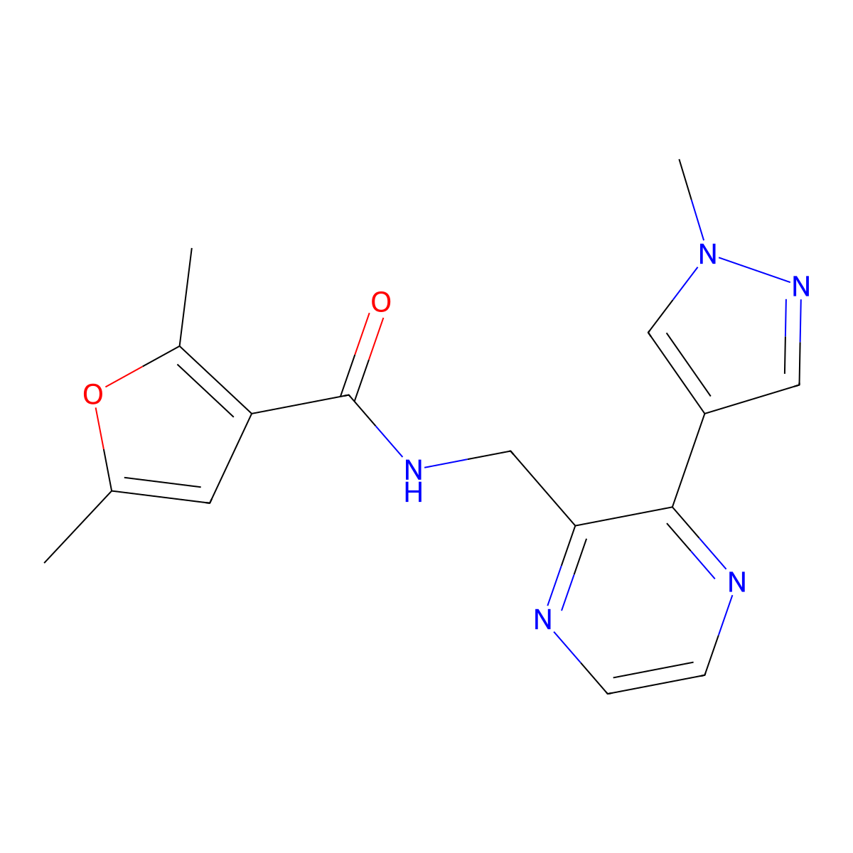 2,5-dimethyl-N-((3-(1-methyl-1H-pyrazol-4-yl)pyrazin-2-yl)methyl)furan-3-carboxamide molecular structure, CAS 2034570-12-0