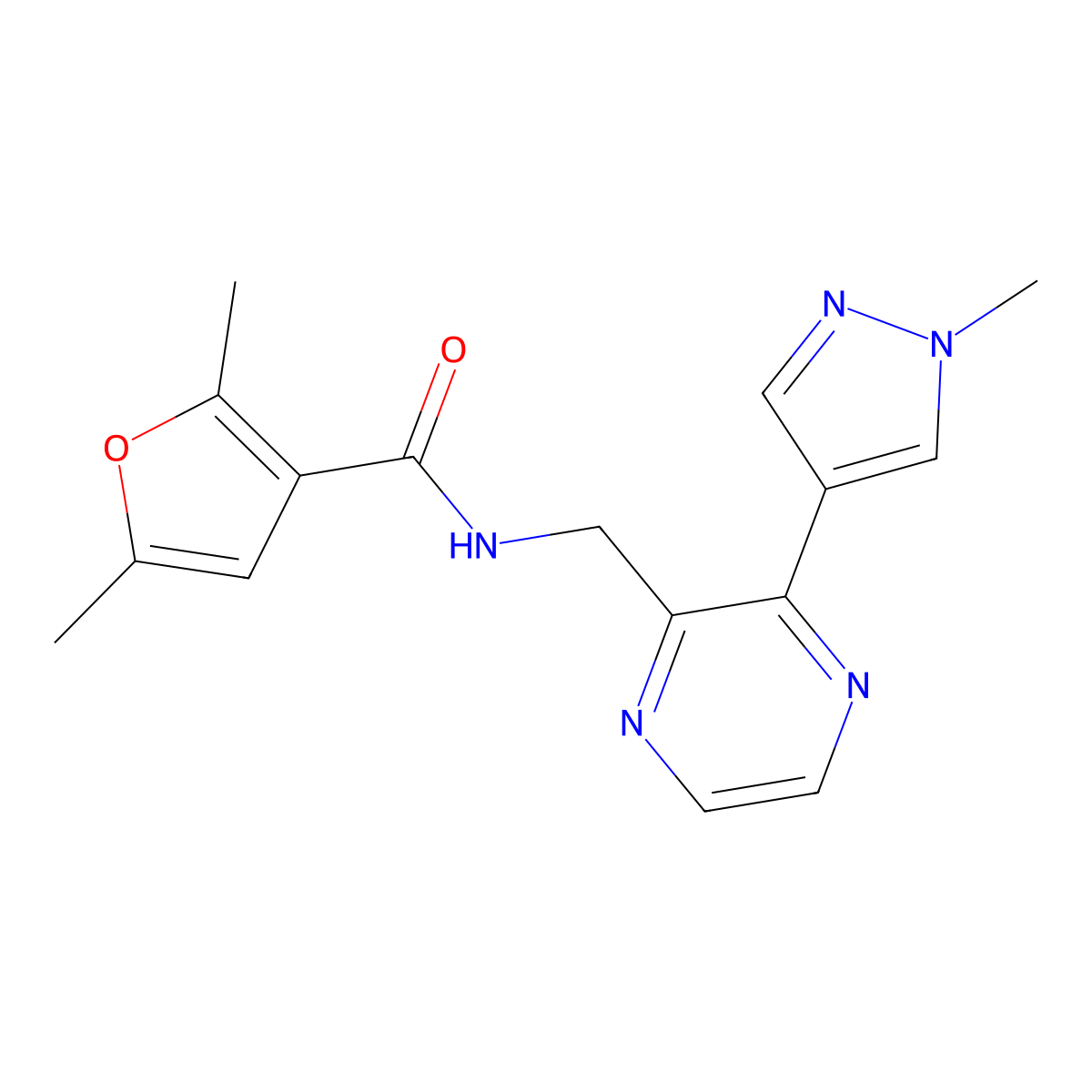 2,5-dimethyl-N-((3-(1-methyl-1H-pyrazol-4-yl)pyrazin-2-yl)methyl)furan-3-carboxamide molecular structure, CAS 2034570-12-0