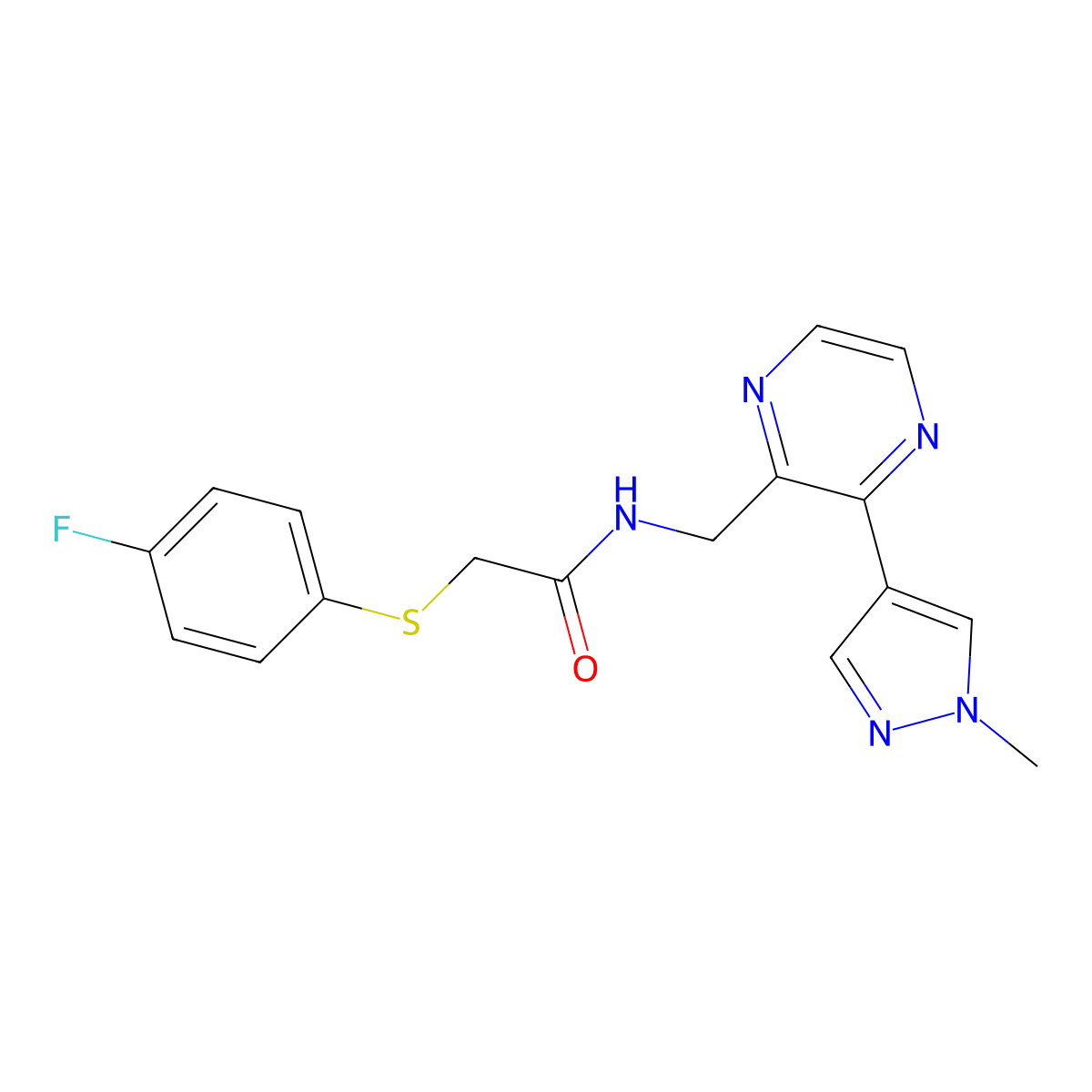 2-((4-fluorophenyl)thio)-N-((3-(1-methyl-1H-pyrazol-4-yl)pyrazin-2-yl)methyl)acetamide molecular structure, CAS 2034570-16-4
