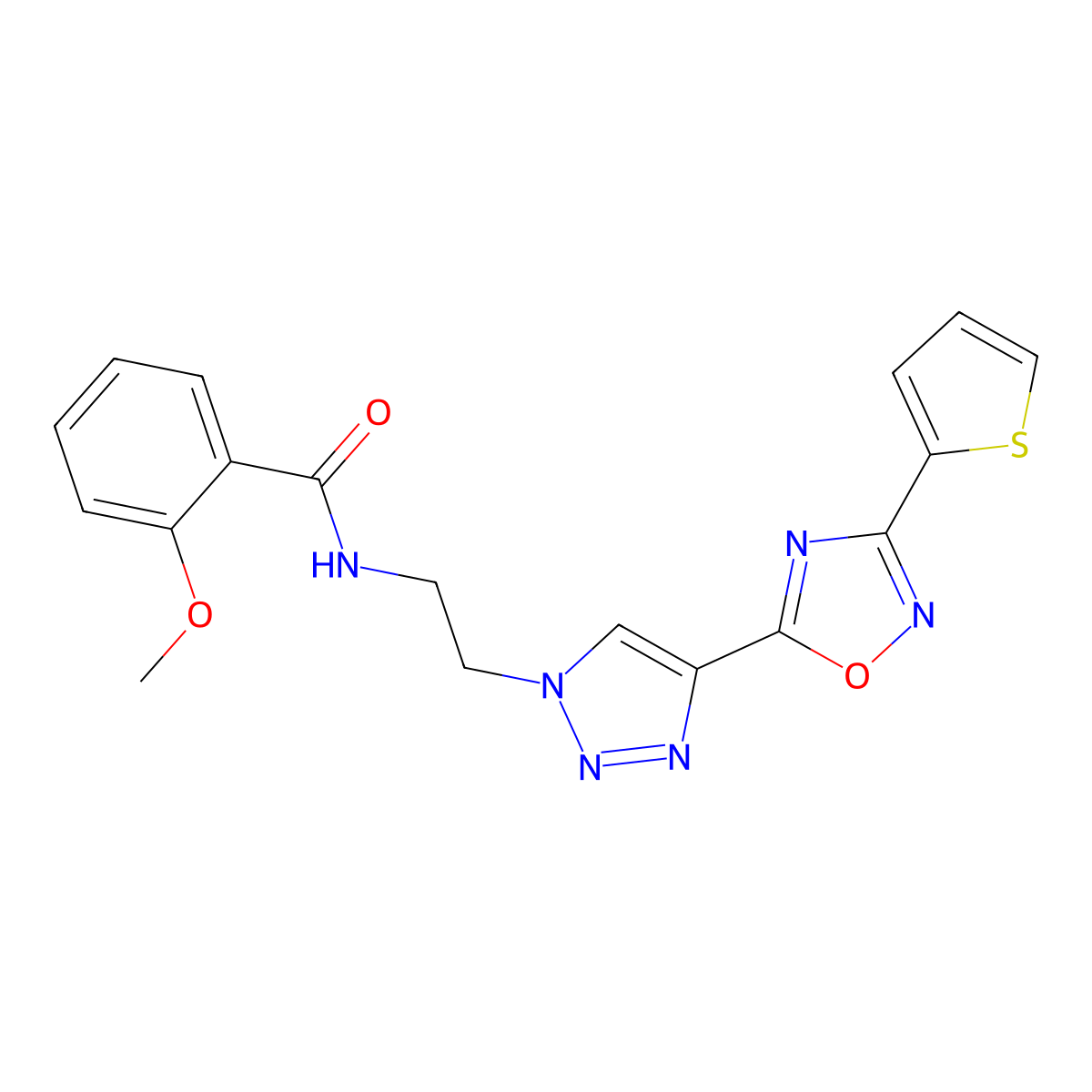 2-methoxy-N-(2-{4-[3-(thiophen-2-yl)-1,2,4-oxadiazol-5-yl]-1H-1,2,3-triazol-1-yl}ethyl)benzamide molecular structure, CAS 2034570-18-6