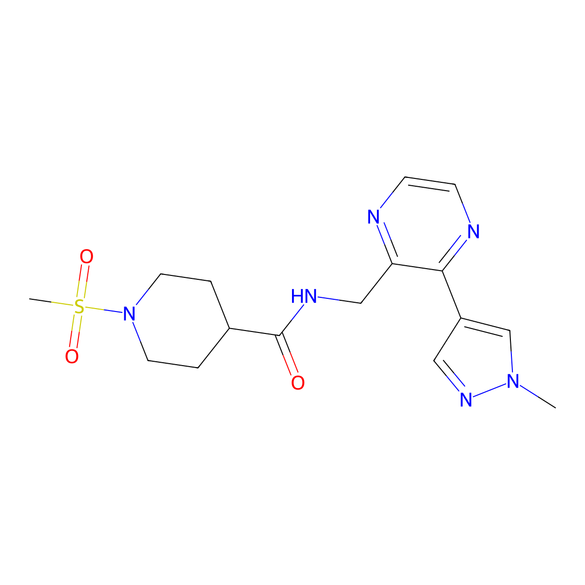N-((3-(1-methyl-1H-pyrazol-4-yl)pyrazin-2-yl)methyl)-1-(methylsulfonyl)piperidine-4-carboxamide molecular structure, CAS 2034570-19-7