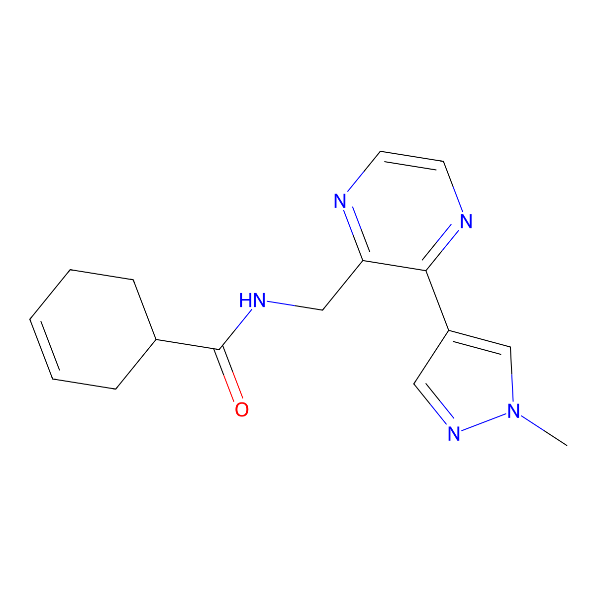 N-((3-(1-methyl-1H-pyrazol-4-yl)pyrazin-2-yl)methyl)cyclohex-3-enecarboxamide molecular structure, CAS 2034570-26-6
