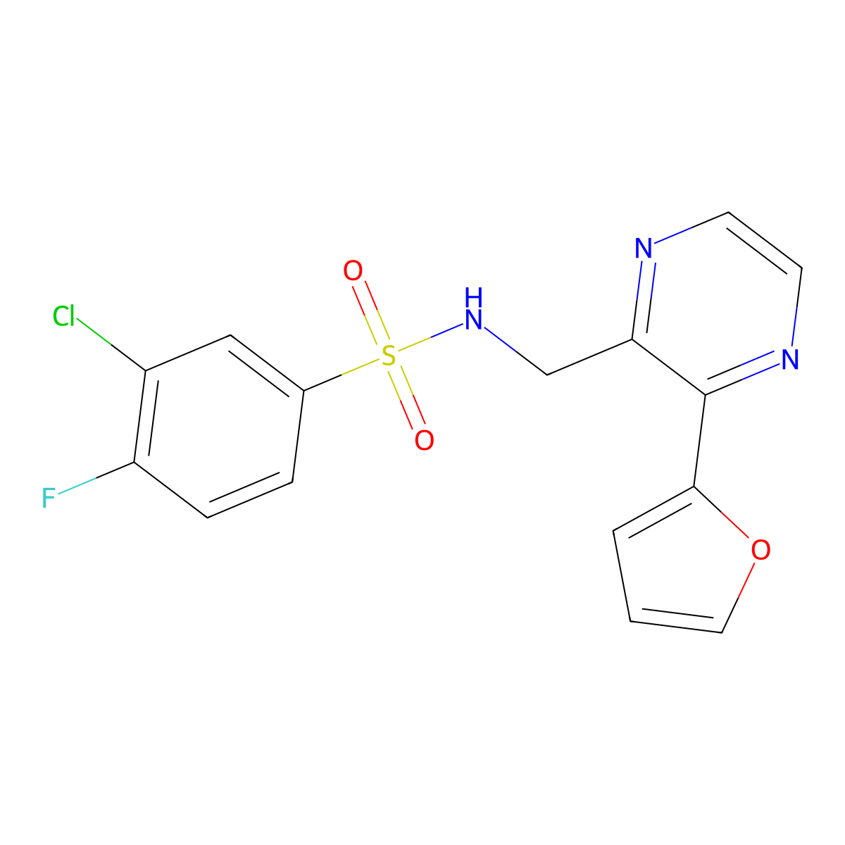 3-chloro-4-fluoro-N-((3-(furan-2-yl)pyrazin-2-yl)methyl)benzenesulfonamide molecular structure, CAS 2034570-31-3