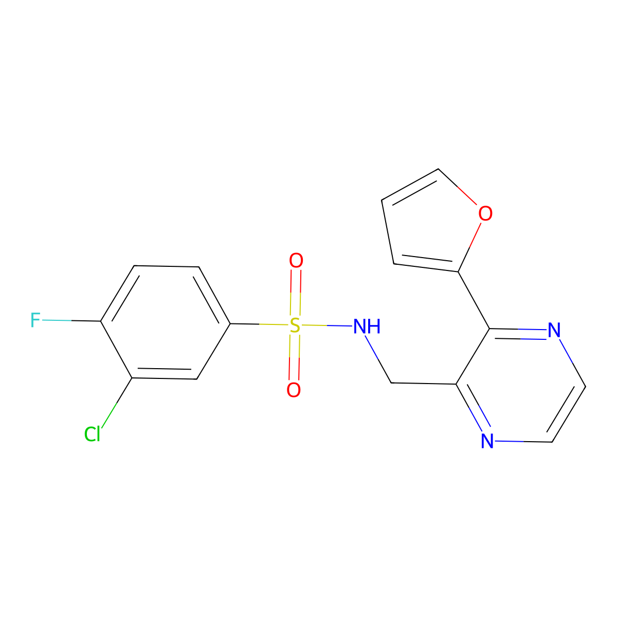 3-chloro-4-fluoro-N-((3-(furan-2-yl)pyrazin-2-yl)methyl)benzenesulfonamide molecular structure, CAS 2034570-31-3
