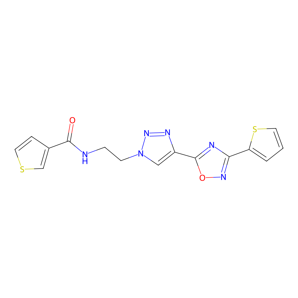 N-(2-(4-(3-(thiophen-2-yl)-1,2,4-oxadiazol-5-yl)-1H-1,2,3-triazol-1-yl)ethyl)thiophene-3-carboxamide molecular structure, CAS 2034570-32-4