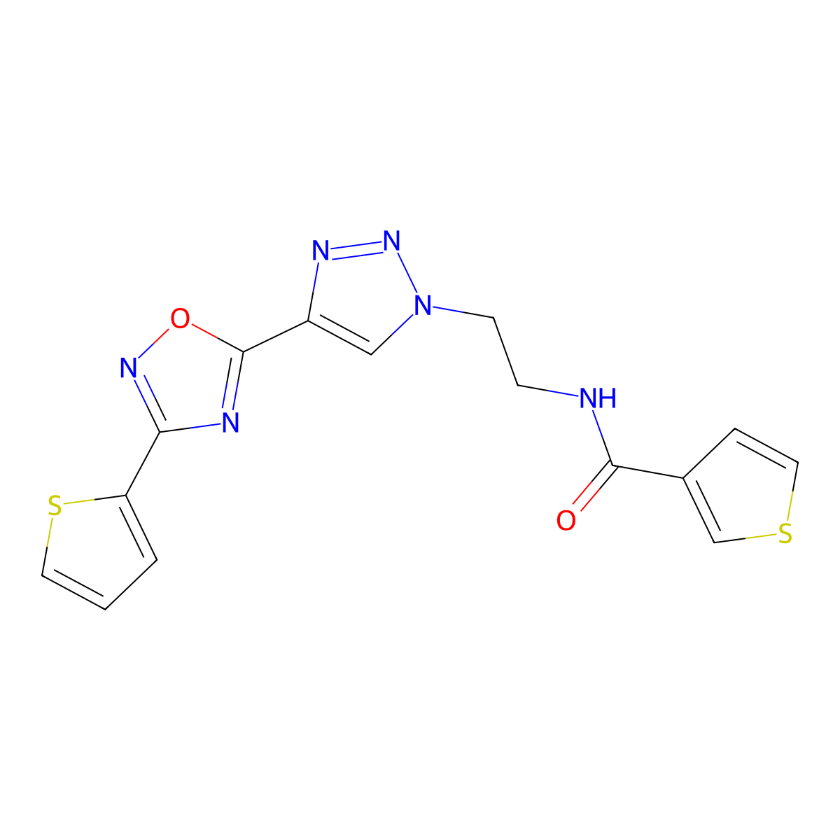 N-(2-(4-(3-(thiophen-2-yl)-1,2,4-oxadiazol-5-yl)-1H-1,2,3-triazol-1-yl)ethyl)thiophene-3-carboxamide molecular structure, CAS 2034570-32-4