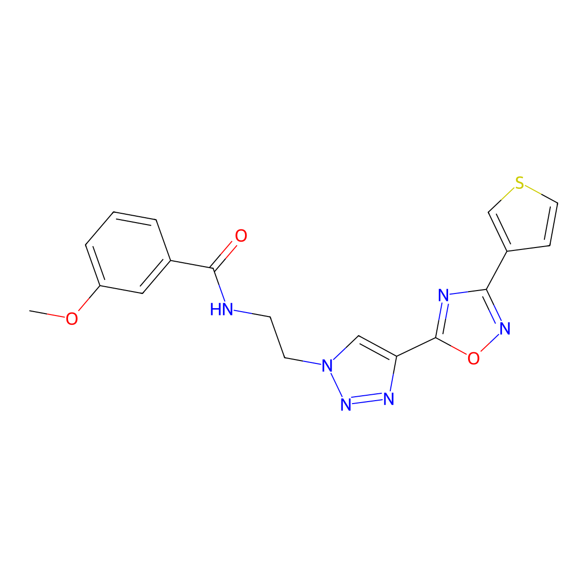 3-methoxy-N-(2-(4-(3-(thiophen-3-yl)-1,2,4-oxadiazol-5-yl)-1H-1,2,3-triazol-1-yl)ethyl)benzamide molecular structure, CAS 2034570-38-0