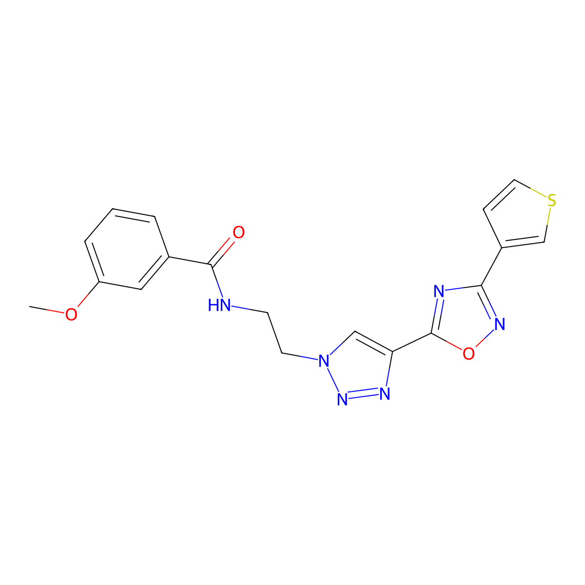 3-methoxy-N-(2-(4-(3-(thiophen-3-yl)-1,2,4-oxadiazol-5-yl)-1H-1,2,3-triazol-1-yl)ethyl)benzamide molecular structure, CAS 2034570-38-0