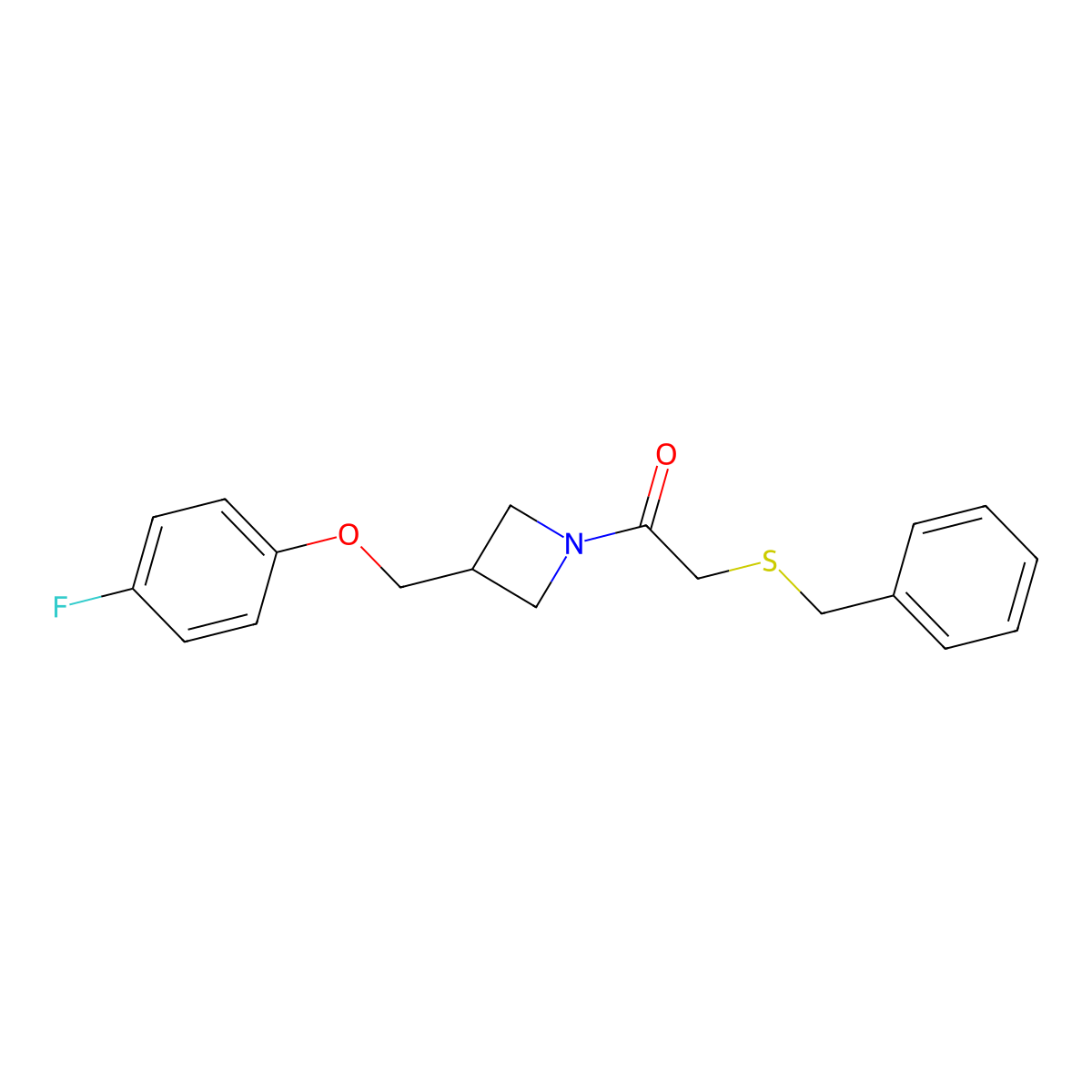 2-(Benzylthio)-1-(3-((4-fluorophenoxy)methyl)azetidin-1-yl)ethanone molecular structure, CAS 2034570-41-5