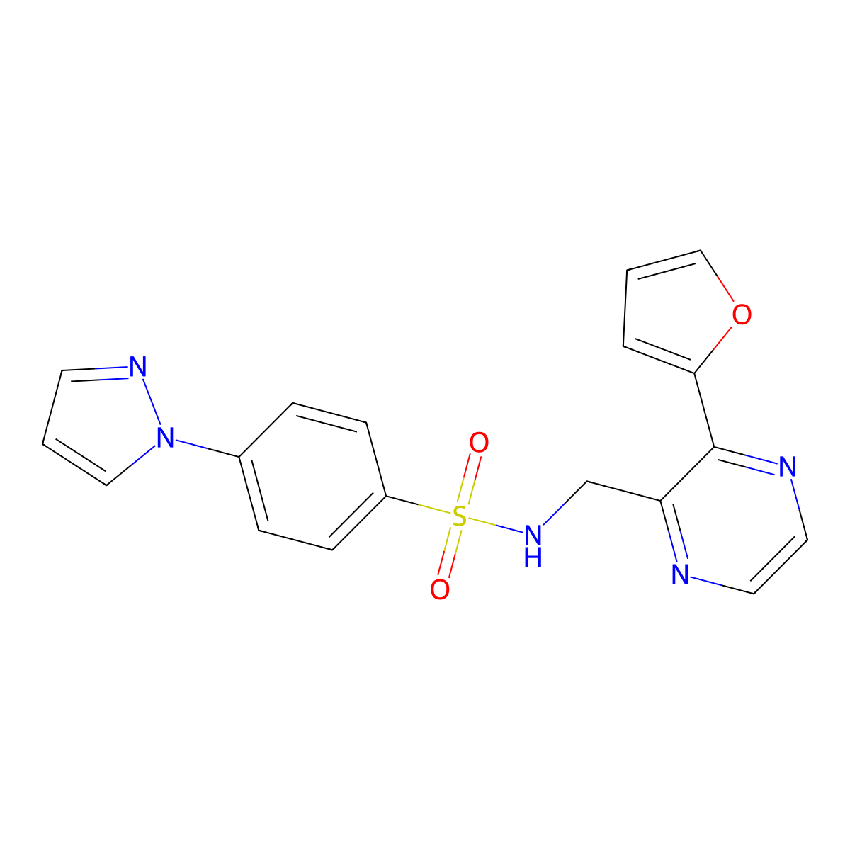 N-((3-(furan-2-yl)pyrazin-2-yl)methyl)-4-(1H-pyrazol-1-yl)benzenesulfonamide molecular structure, CAS 2034570-48-2