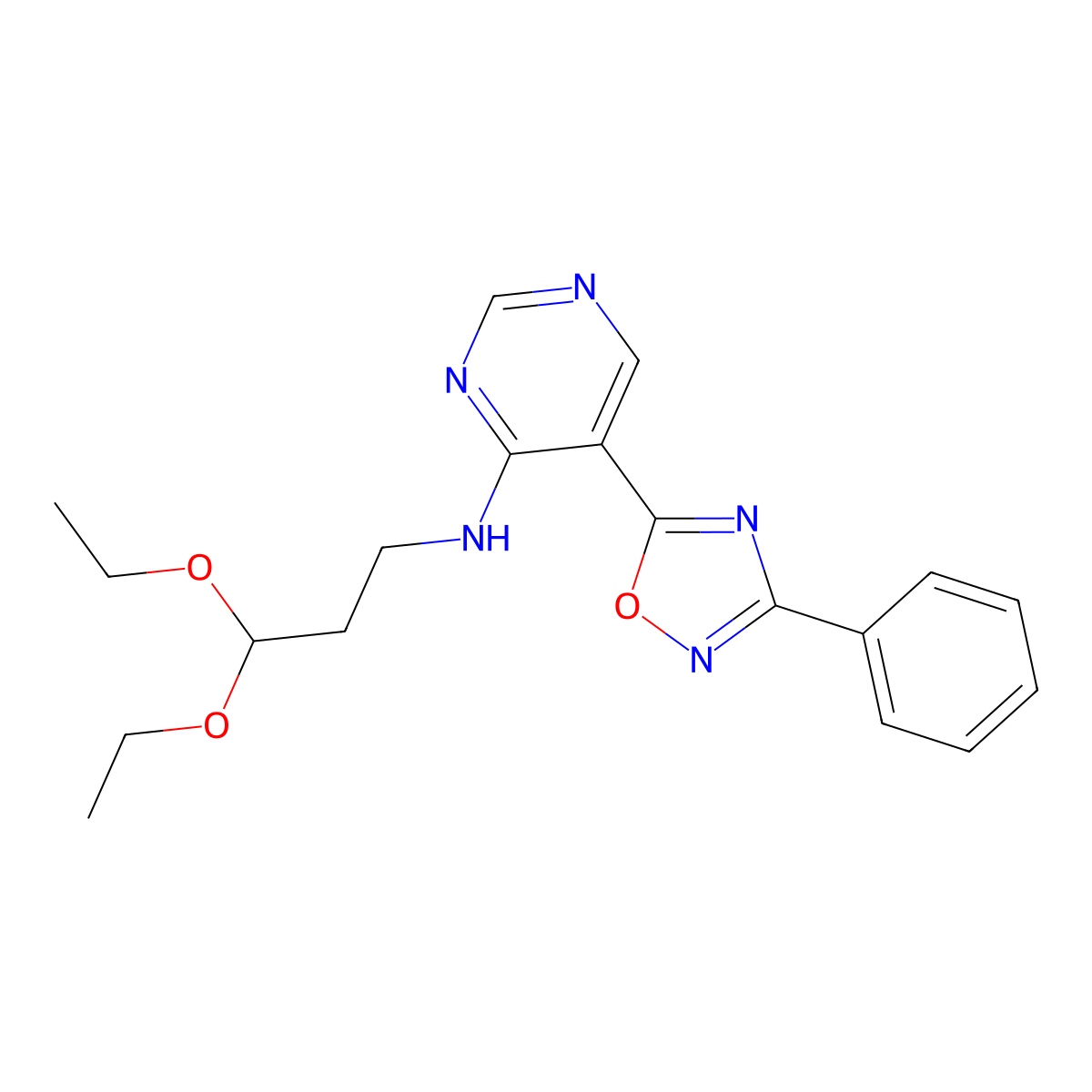 N-(3,3-diethoxypropyl)-5-(3-phenyl-1,2,4-oxadiazol-5-yl)pyrimidin-4-amine molecular structure, CAS 2034570-49-3