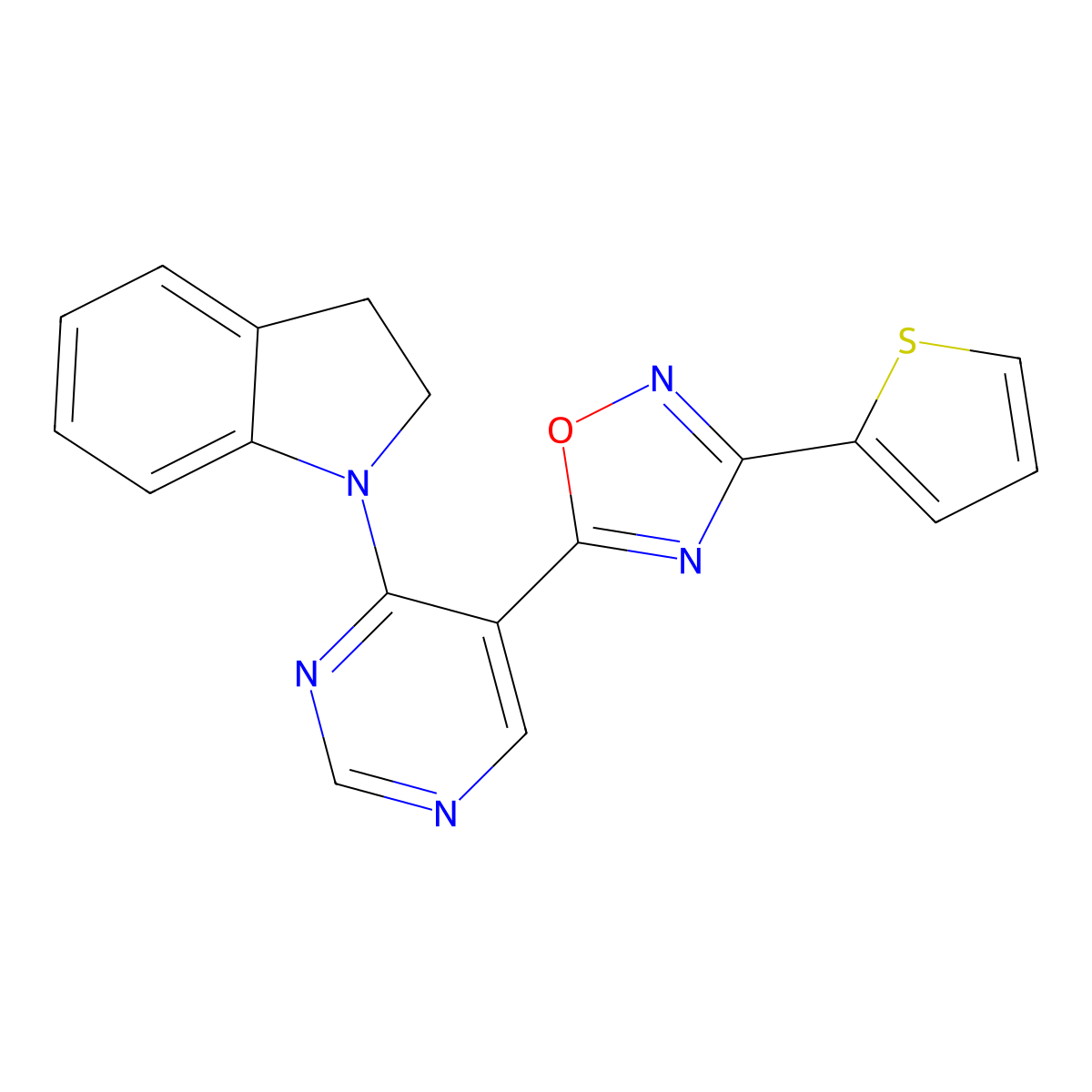 5-(4-(Indolin-1-yl)pyrimidin-5-yl)-3-(thiophen-2-yl)-1,2,4-oxadiazole molecular structure, CAS 2034570-53-9