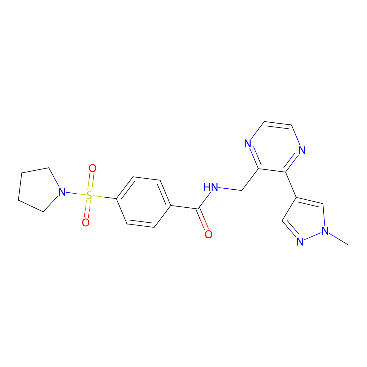 N-((3-(1-methyl-1H-pyrazol-4-yl)pyrazin-2-yl)methyl)-4-(pyrrolidin-1-ylsulfonyl)benzamide molecular structure, CAS 2034570-56-2
