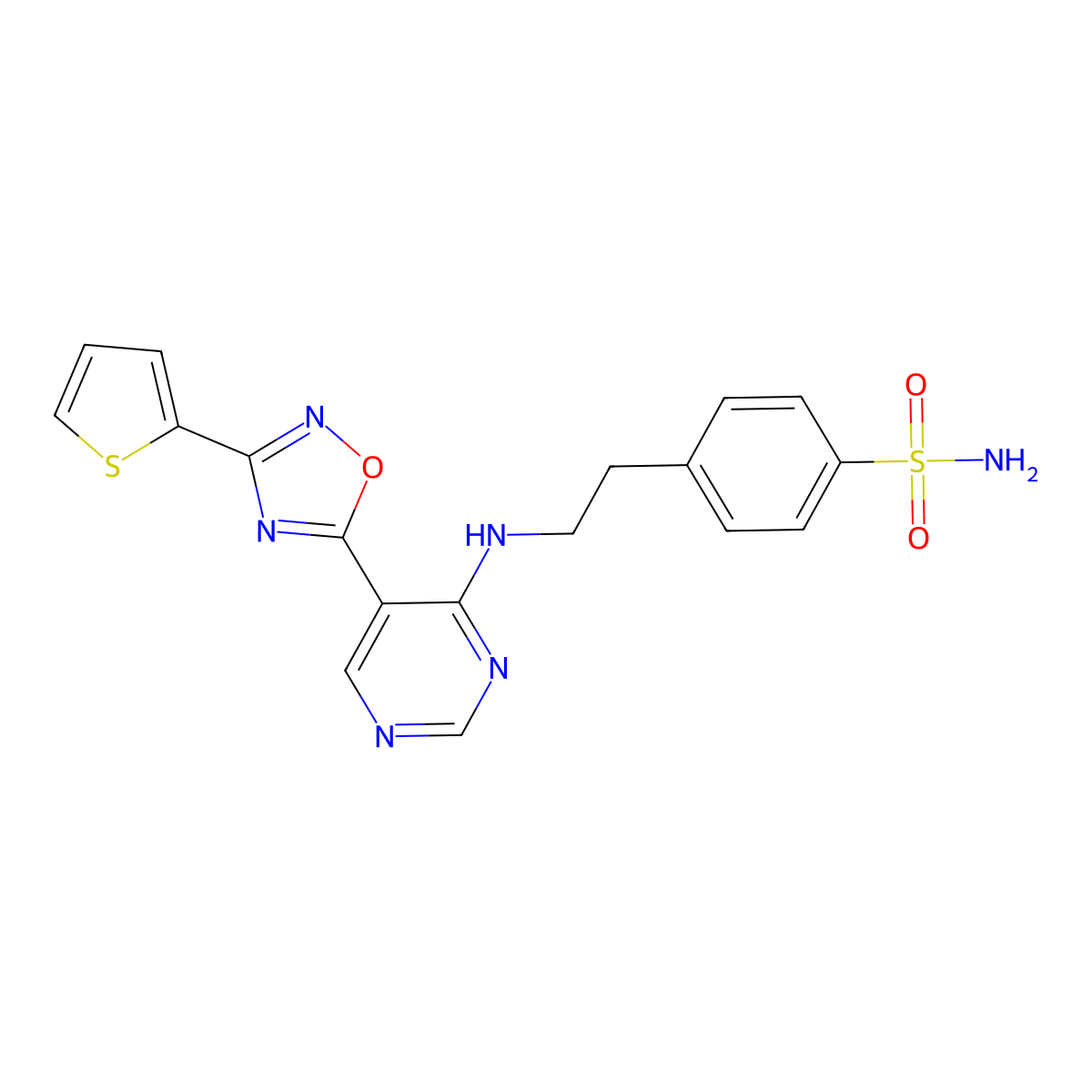 4-(2-((5-(3-(Thiophen-2-yl)-1,2,4-oxadiazol-5-yl)pyrimidin-4-yl)amino)ethyl)benzenesulfonamide molecular structure, CAS 2034570-59-5