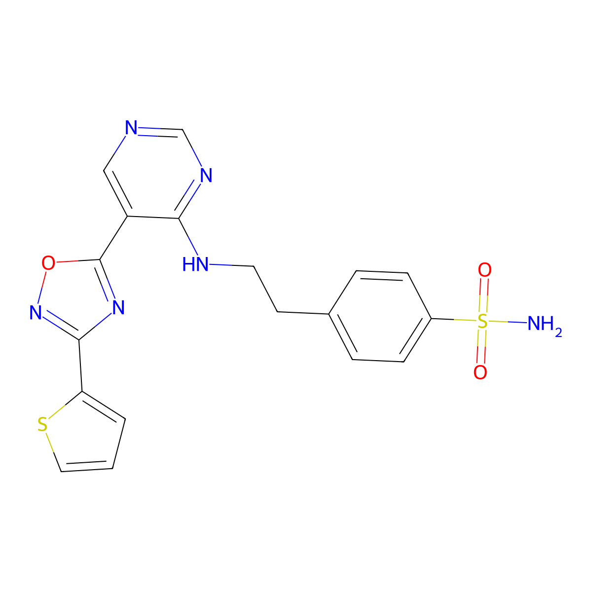 4-(2-((5-(3-(Thiophen-2-yl)-1,2,4-oxadiazol-5-yl)pyrimidin-4-yl)amino)ethyl)benzenesulfonamide molecular structure, CAS 2034570-59-5