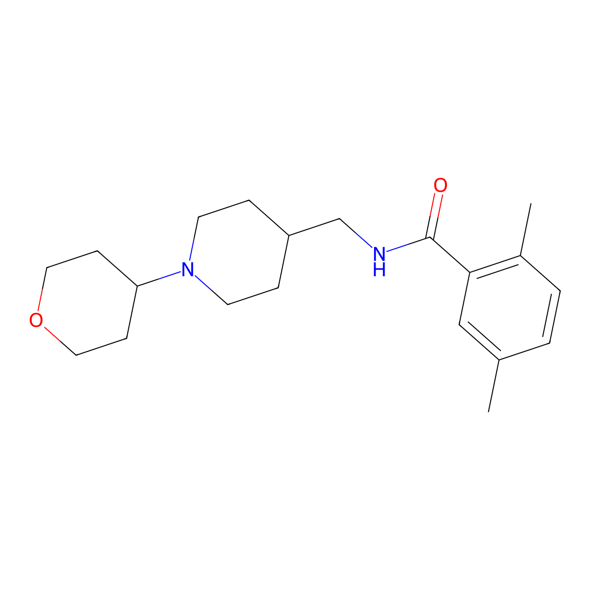 2,5-dimethyl-N-((1-(tetrahydro-2H-pyran-4-yl)piperidin-4-yl)methyl)benzamide molecular structure, CAS 2034570-61-9