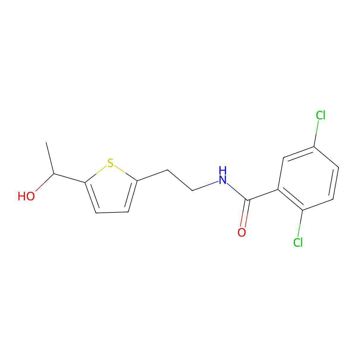 2,5-dichloro-N-(2-(5-(1-hydroxyethyl)thiophen-2-yl)ethyl)benzamide molecular structure, CAS 2034570-64-2