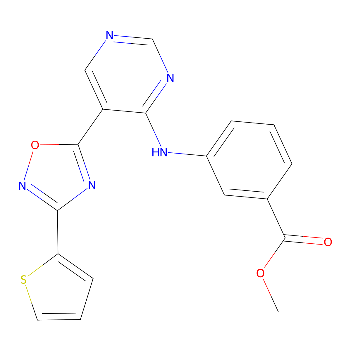 Methyl 3-({5-[3-(thiophen-2-yl)-1,2,4-oxadiazol-5-yl]pyrimidin-4-yl}amino)benzoate molecular structure, CAS 2034570-67-5