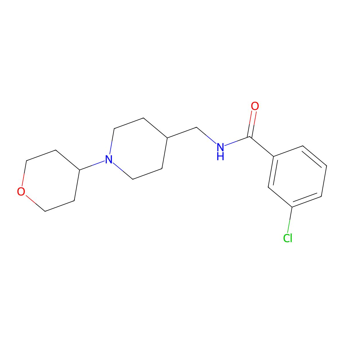 3-chloro-N-((1-(tetrahydro-2H-pyran-4-yl)piperidin-4-yl)methyl)benzamide molecular structure, CAS 2034570-68-6