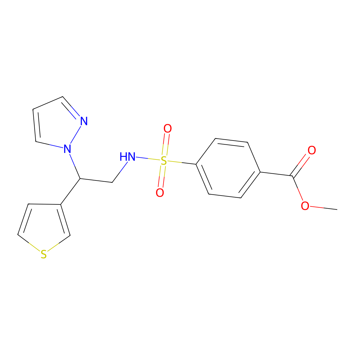 methyl 4-(N-(2-(1H-pyrazol-1-yl)-2-(thiophen-3-yl)ethyl)sulfamoyl)benzoate molecular structure, CAS 2034570-72-2