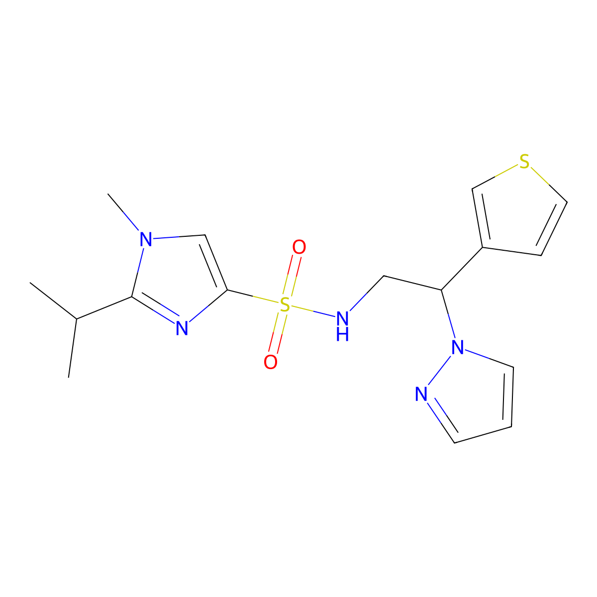1-methyl-2-(propan-2-yl)-N-[2-(1H-pyrazol-1-yl)-2-(thiophen-3-yl)ethyl]-1H-imidazole-4-sulfonamide molecular structure, CAS 2034570-77-7