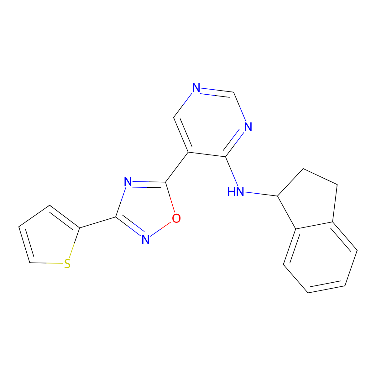 N-(2,3-dihydro-1H-inden-1-yl)-5-(3-(thiophen-2-yl)-1,2,4-oxadiazol-5-yl)pyrimidin-4-amine molecular structure, CAS 2034570-78-8