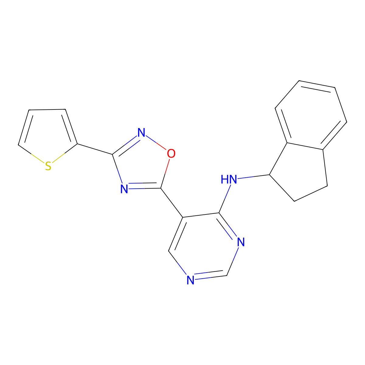 N-(2,3-dihydro-1H-inden-1-yl)-5-(3-(thiophen-2-yl)-1,2,4-oxadiazol-5-yl)pyrimidin-4-amine molecular structure, CAS 2034570-78-8