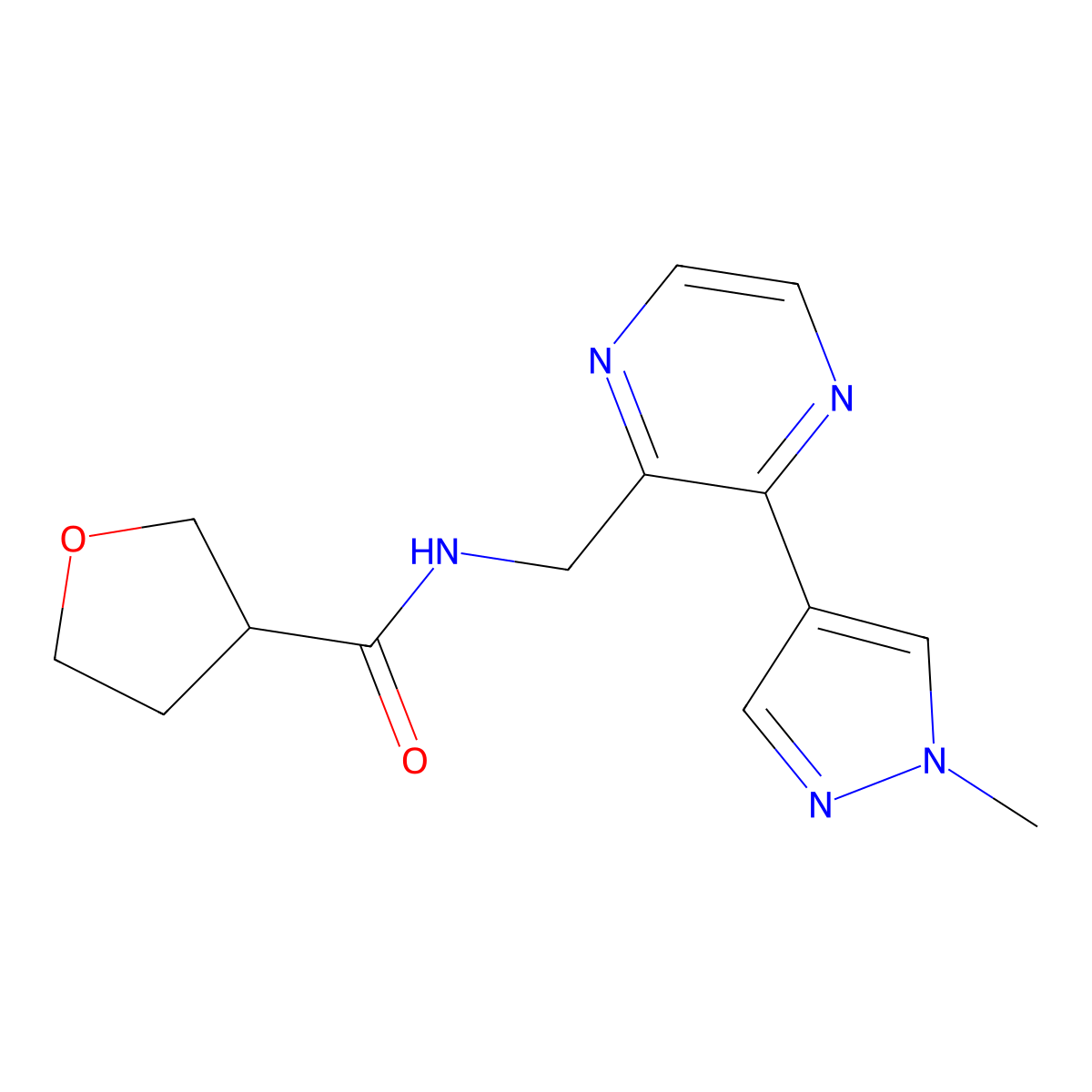 N-((3-(1-methyl-1H-pyrazol-4-yl)pyrazin-2-yl)methyl)tetrahydrofuran-3-carboxamide molecular structure, CAS 2034570-81-3