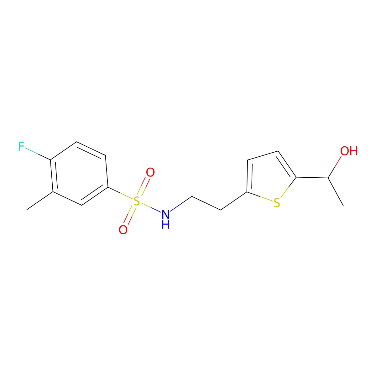 4-fluoro-N-(2-(5-(1-hydroxyethyl)thiophen-2-yl)ethyl)-3-methylbenzenesulfonamide molecular structure, CAS 2034570-83-5