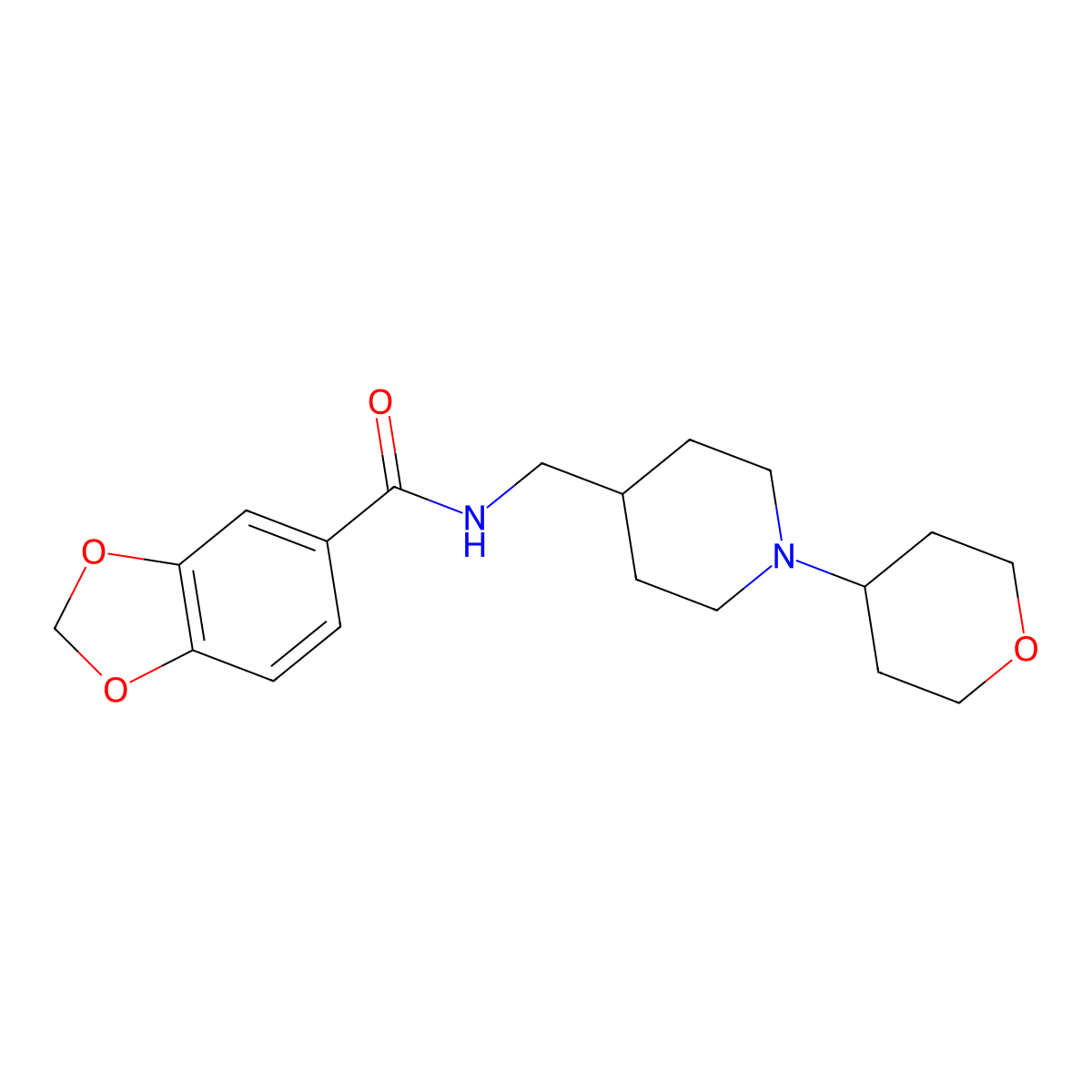 N-((1-(tetrahydro-2H-pyran-4-yl)piperidin-4-yl)methyl)benzo[d][1,3]dioxole-5-carboxamide molecular structure, CAS 2034570-85-7