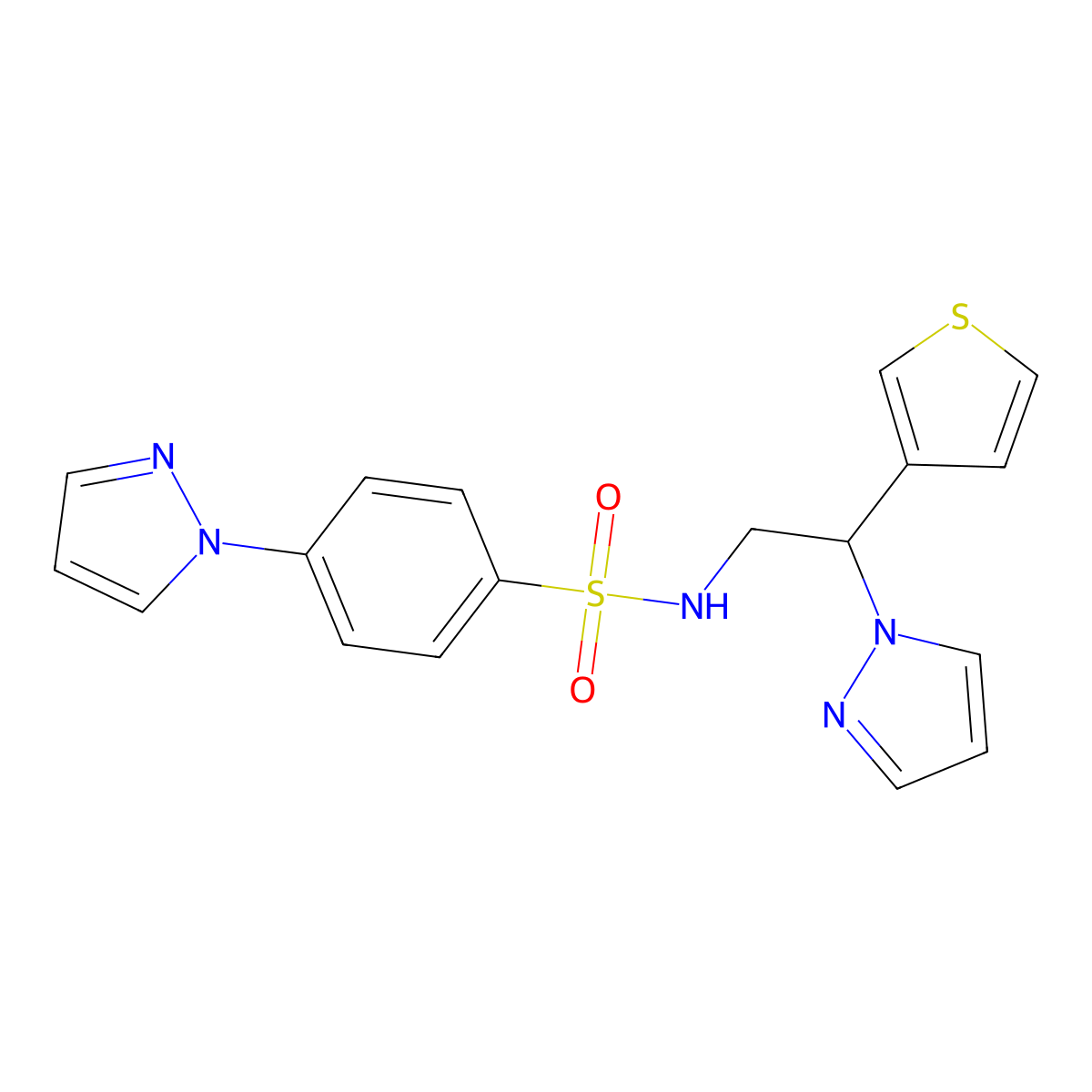 N-(2-(1H-pyrazol-1-yl)-2-(thiophen-3-yl)ethyl)-4-(1H-pyrazol-1-yl)benzenesulfonamide molecular structure, CAS 2034570-89-1