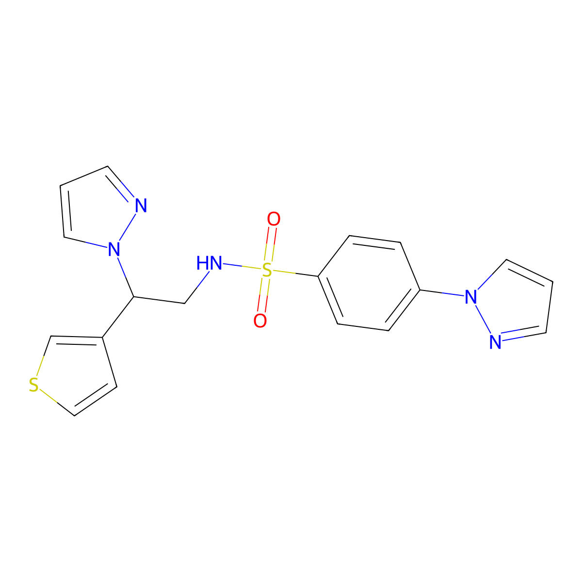 N-(2-(1H-pyrazol-1-yl)-2-(thiophen-3-yl)ethyl)-4-(1H-pyrazol-1-yl)benzenesulfonamide molecular structure, CAS 2034570-89-1