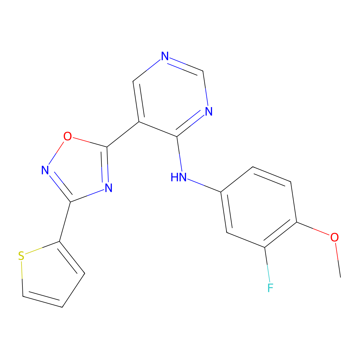 N-(3-fluoro-4-methoxyphenyl)-5-(3-(thiophen-2-yl)-1,2,4-oxadiazol-5-yl)pyrimidin-4-amine molecular structure, CAS 2034570-90-4