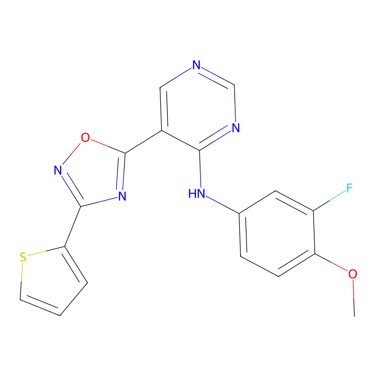 N-(3-fluoro-4-methoxyphenyl)-5-(3-(thiophen-2-yl)-1,2,4-oxadiazol-5-yl)pyrimidin-4-amine molecular structure, CAS 2034570-90-4