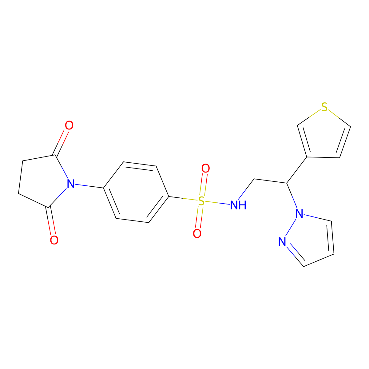 N-(2-(1H-pyrazol-1-yl)-2-(thiophen-3-yl)ethyl)-4-(2,5-dioxopyrrolidin-1-yl)benzenesulfonamide molecular structure, CAS 2034570-93-7