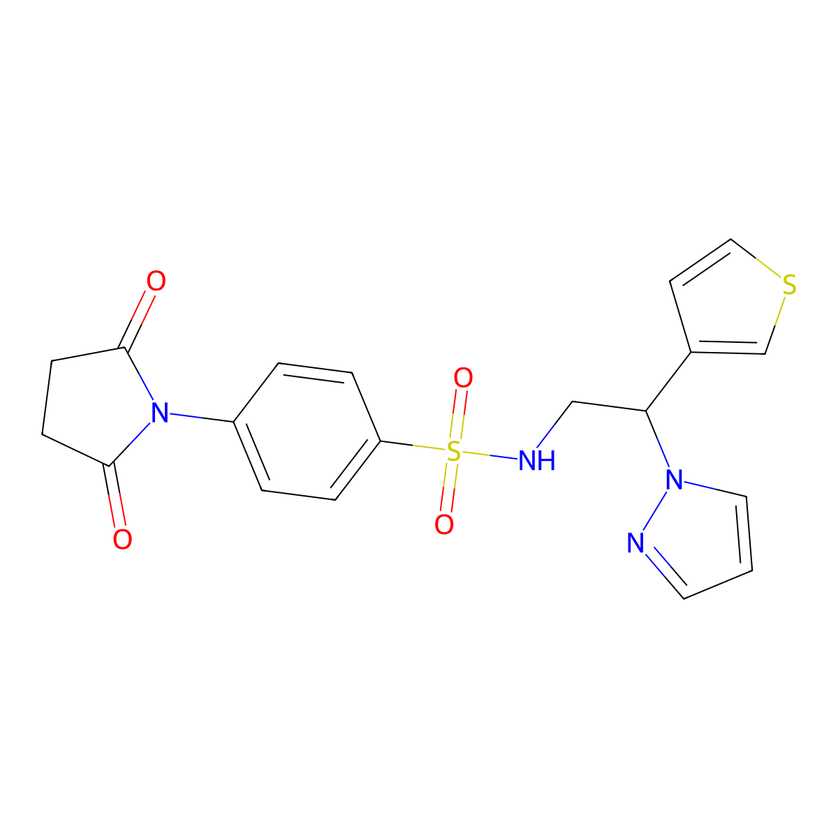 N-(2-(1H-pyrazol-1-yl)-2-(thiophen-3-yl)ethyl)-4-(2,5-dioxopyrrolidin-1-yl)benzenesulfonamide molecular structure, CAS 2034570-93-7