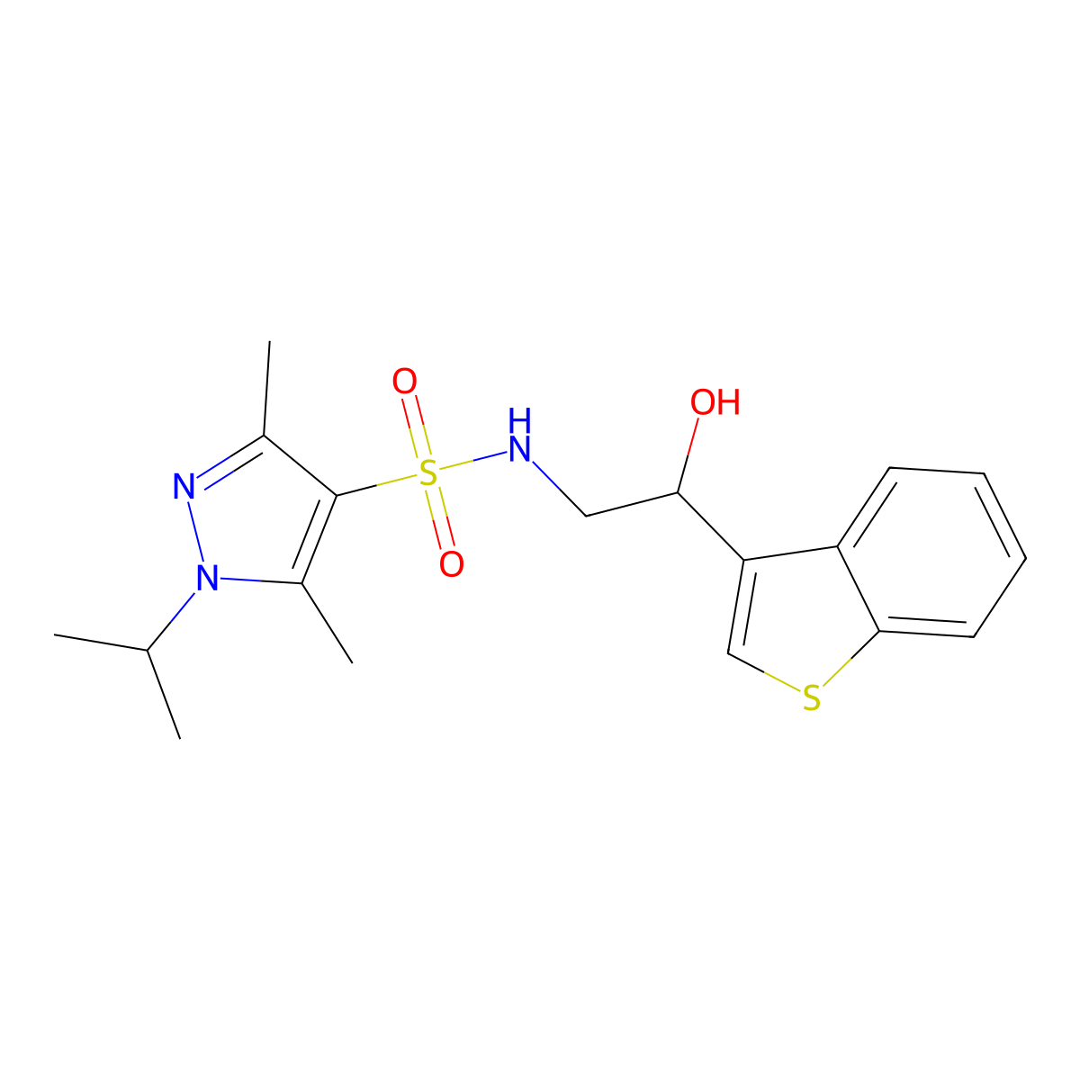 N-(2-(benzo[b]thiophen-3-yl)-2-hydroxyethyl)-1-isopropyl-3,5-dimethyl-1H-pyrazole-4-sulfonamide molecular structure, CAS 2034570-95-9
