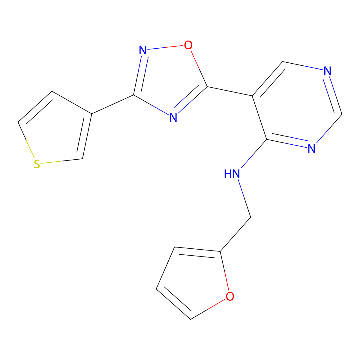 N-(furan-2-ylmethyl)-5-(3-(thiophen-3-yl)-1,2,4-oxadiazol-5-yl)pyrimidin-4-amine molecular structure, CAS 2034570-98-2